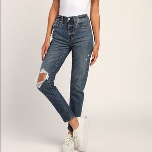 Tobi Dark Wash Distressed High-Waisted Mom Jeans